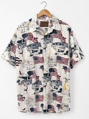 North River American Patriotic Short Sleeve Button-Down Shirt Mens Size XL